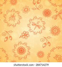Seamless pattern with flower and dragonfly.