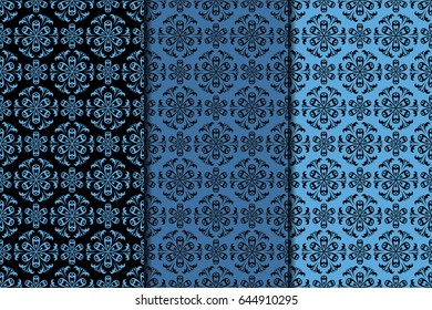 Seamless pattern with flower element. Black and blue collection