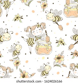 Seamless pattern with flower fairy and honey bees. Vector.