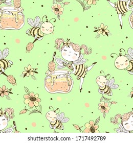 Seamless pattern with flower fairy and honey bees. Vector.