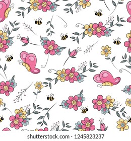 seamless pattern flower field with butterfly and bee