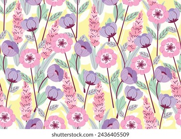 Seamless pattern of flower field pattern with light purple and light pink tones. Modern floral pattern, Vintage floral background, Pattern for design wallpaper, Gift wrap paper and fashion prints.