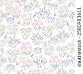 Seamless pattern of flower fields with tulips, lavender, moss, daffodils, pansies.