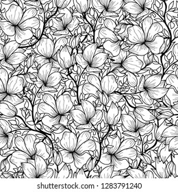 Seamless pattern, flower, flat style, hand drawn, black and white, doodle, vector illustration