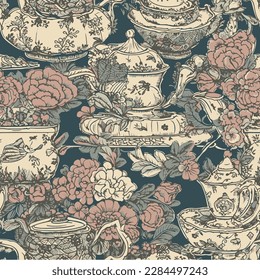 seamless pattern of flower garden tea time with teacup and teapot