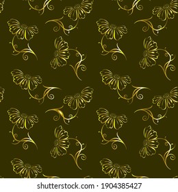 Patrón sin foco Silueta de contorno con motivos abstractos de oro de las flores. Dibujo dorado sobre fondo negro para tela, papel pintado, cortinas, interior, papel. Ilustración de vectores aislada