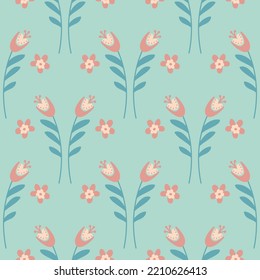 Seamless pattern flower hand drawn cute flower campanula bluebell green mint background, vector illustration for design