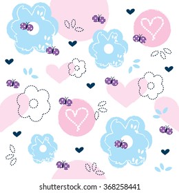 seamless pattern with flower, heart and butterfly vector illustration