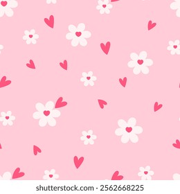 Seamless pattern with flower and heart. Vector Pastel background. Valentines day and love