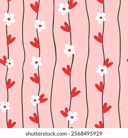 Seamless pattern with flower and heart. Vector Pastel background. Valentines day and love