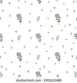 Seamless pattern. Flower, hearts. White background.