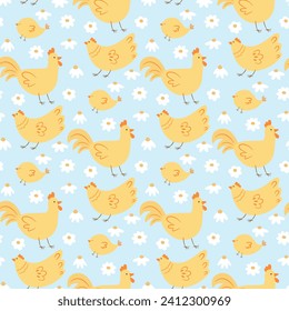 Seamless pattern with flower and hens and roosters, vector illustration