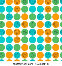 seamless pattern of flower icons in circles with leaves on white background. yellow and turquoise colors. linear flowers. for fabric, cards, prints, wallpapers