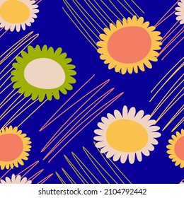 Patrón sin fisuras de íconos florales y líneas hippie al estilo de los años 60-70. Para impresión, embalaje, tela, sitio web, diseño, papel.