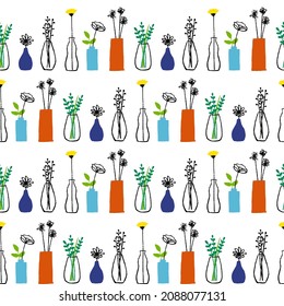 Seamless pattern of flower illustrations in a vase (white background, vector, transparent)