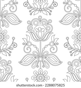 Seamless Pattern with Flower Inspired by Ukrainian Traditional Embroidery. Ethnic Floral Motif, Handmade Craft Art. Textile, Wrapping Paper, Wallpaper. Coloring Book. Vector Contour Illustration