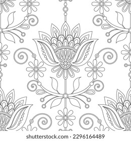 Seamless Pattern with Flower Inspired by Ukrainian Traditional Embroidery. Ethnic Floral Motif, Handmade Craft Art. Textile, Wrapping Paper, Wallpaper. Coloring Book. Vector Contour Illustration