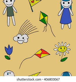 seamless pattern with flower kite flying cloud boy girl. illustration. vector