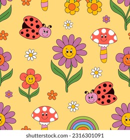 seamless pattern with  flower, ladybug, mushroom, rainbow