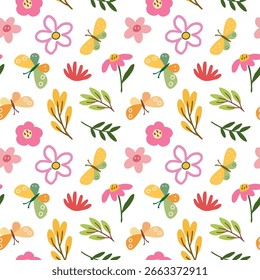 Seamless Pattern with Flower, Leaf and Butterfly Design on White Background. Hand Drawn Vector Illustration. Not AI Generated.