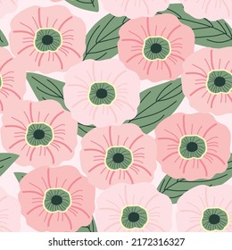 Seamless pattern of flower with leaf cartoon on pink background.Image for card,poster,clothing.Nature.Kawaii.Vector.Illustration.