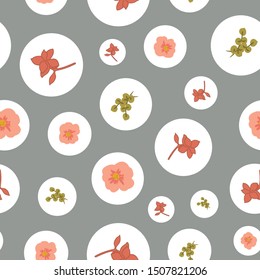 Seamless Pattern with Flower and Leaf Motifs in White Circles with a Green Background