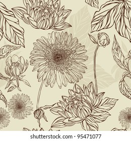 Seamless pattern  flower and leaf in retro style