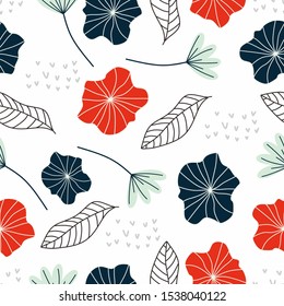 Seamless pattern of flower and leaf vector illustration pretty hand drawn scandinavian botanical drawings.