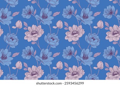 seamless pattern with flower leaves and branches illustration background textile texture print art design motif.