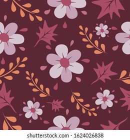 Seamless Pattern flower and leaves with dark background vector illustration in flat design. This Pattern Good for print, textile products etc. 