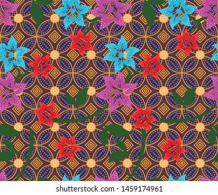 seamless pattern flower and leaves on batik background , batik flower pattern