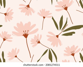 Seamless pattern with flower and leaves on pink background. Abstract contemporary floral art vector illustration.