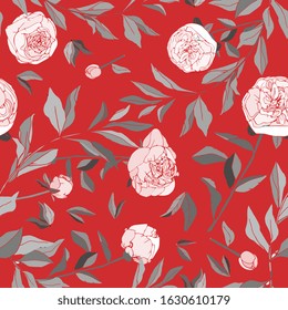 Seamless pattern with flower and leaves of peonies. Tropical flowers vector illustration. EPS 10