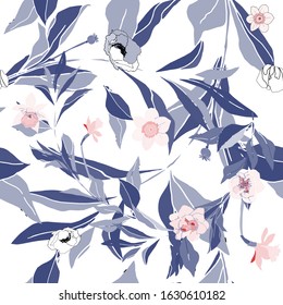 Seamless pattern with flower and leaves of peonies. Tropical flowers vector illustration. EPS 10