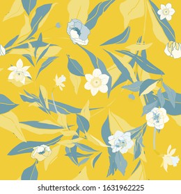 Seamless pattern with flower and leaves of peonies. Tropical flowers vector illustration. EPS 10