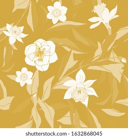 Seamless pattern with flower and leaves of peonies. Tropical flowers vector illustration. EPS 10