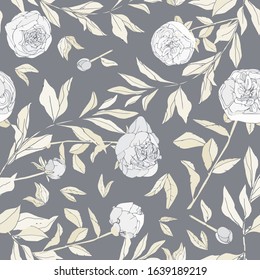 Seamless pattern with flower and leaves of peonies. Tropical flowers vector illustration. EPS 10