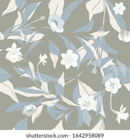 Seamless pattern with flower and leaves of peonies. Tropical flowers vector illustration. EPS 10