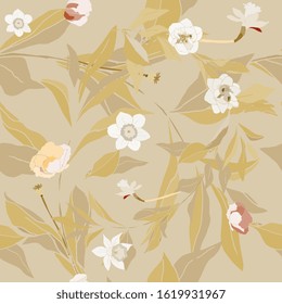 Seamless pattern with flower and leaves. Tropical flowers vector illustration. EPS 10