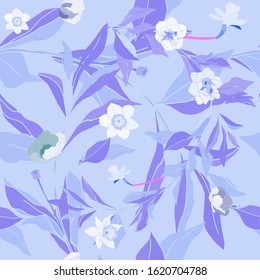 Seamless pattern with flower and leaves. Tropical flowers vector illustration. EPS 10