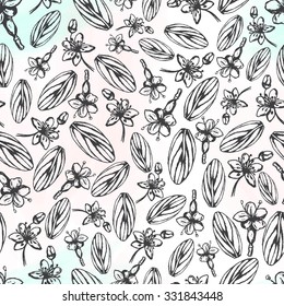 Seamless pattern flower and lief. Black and white valerian and tutsan vector background. Sketch flowers seamless texture. Hand drawn illustration for print, decoration, design, web, wrapping