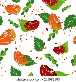 Seamless pattern of flower and lief. Orange and red poppies background