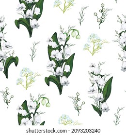 seamless pattern with flower of lily of the valley, primrose. realistic spring elements isolated on a white background. scetch botanical patterns for print, papper, wallpaper. art vector illustration.