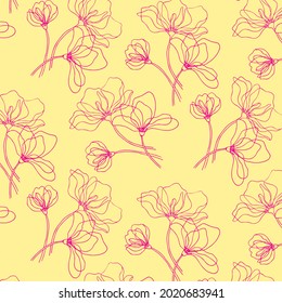 Seamless pattern with flower magnolia in pastel colors. Delicate  pink flower on a beige background. Wallpaper, packages, textile, fabric.