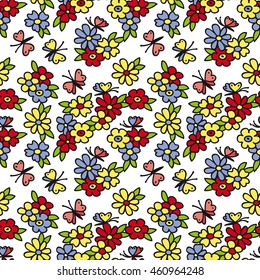 Seamless pattern flower meadow with butterflies on a white background