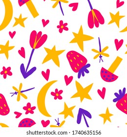 Patrón sin foco con flor, luna, estrellas, corazones, setas, fresa, libélula. Dibujos de doodles de niños divertidos. Diseño de fondo infantil multicolor para textiles. Ilustración vectorial de material.