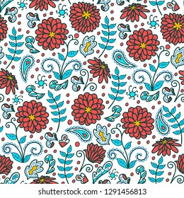 Seamless pattern, flower motive, folk art, hand drawn, white background, multi-colored, vector illustration