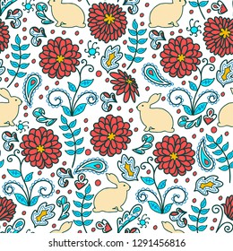 Seamless pattern, flower motive, folk art, hand drawn, white background, multi-colored, vector illustration