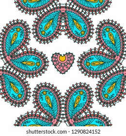 Seamless pattern, flower motive, Paisley, hand drawn, Indian, white background,  multi-colored, vector illustration