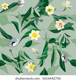 Seamless pattern with flower of narcissus and leaves. Tropical flowers vector illustration. EPS 10